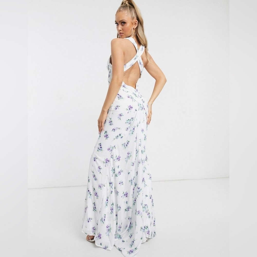 Jarlo open back maxi cocktail dress with blue floral US6
